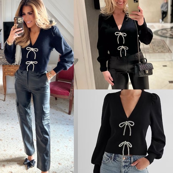 Express Sweaters - Express -viral ✨Holidays✨black embellished rhinestone bow front sweater cardigan